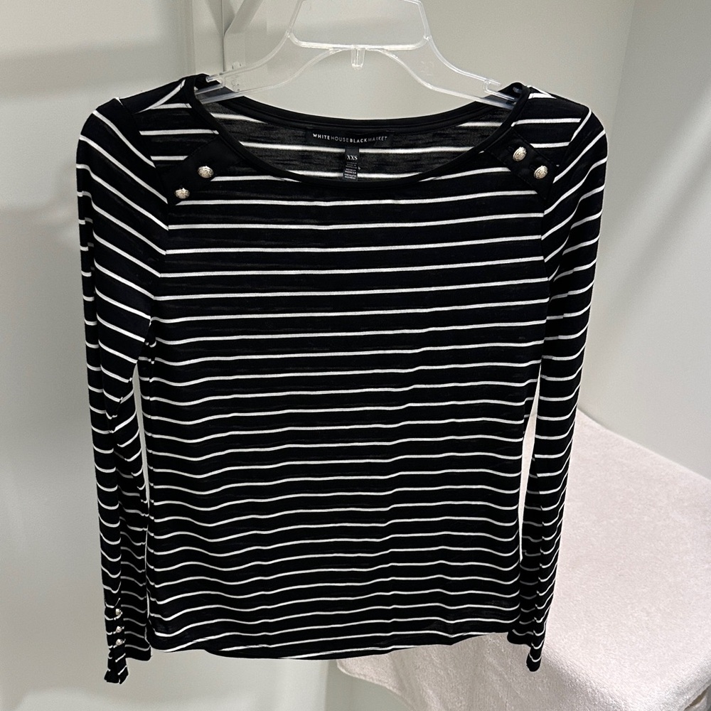 Long Sleeve Button Striped Tee | Size XXS | Color Black with White Stripes |WHBM